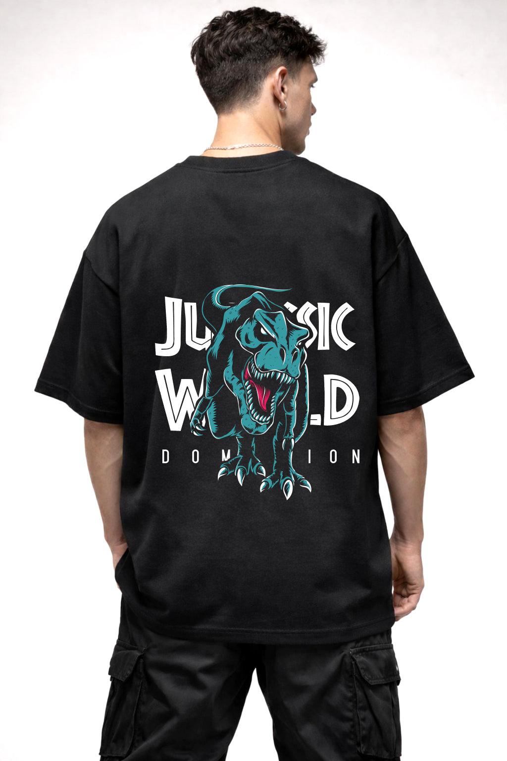 JURASSIC WORLD REXY GREEN GRAPHIC LOGO | BLACK OVERSIZED FIT TEE