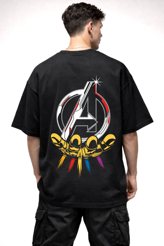 AVENGERS LOGO WITH INFINITY STONES GRAPHIC | BLACK OVERSIZED FIT TEE