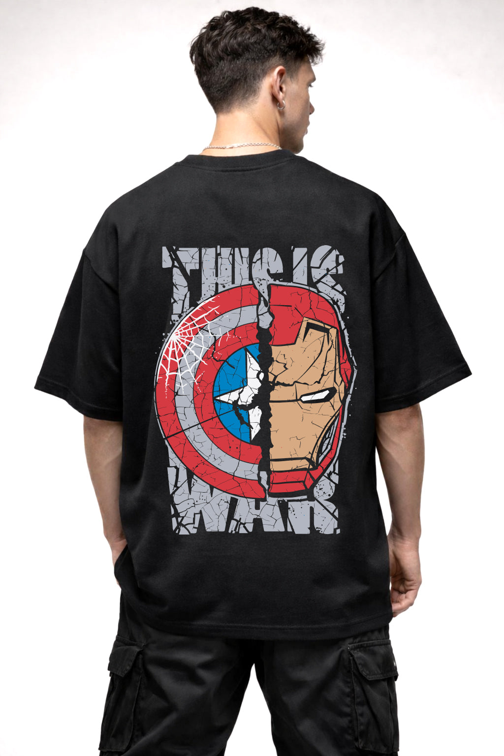 CAP AND IRON MAN THIS IS WAR GRAPHIC | BLACK OVERSIZED FIT TEE