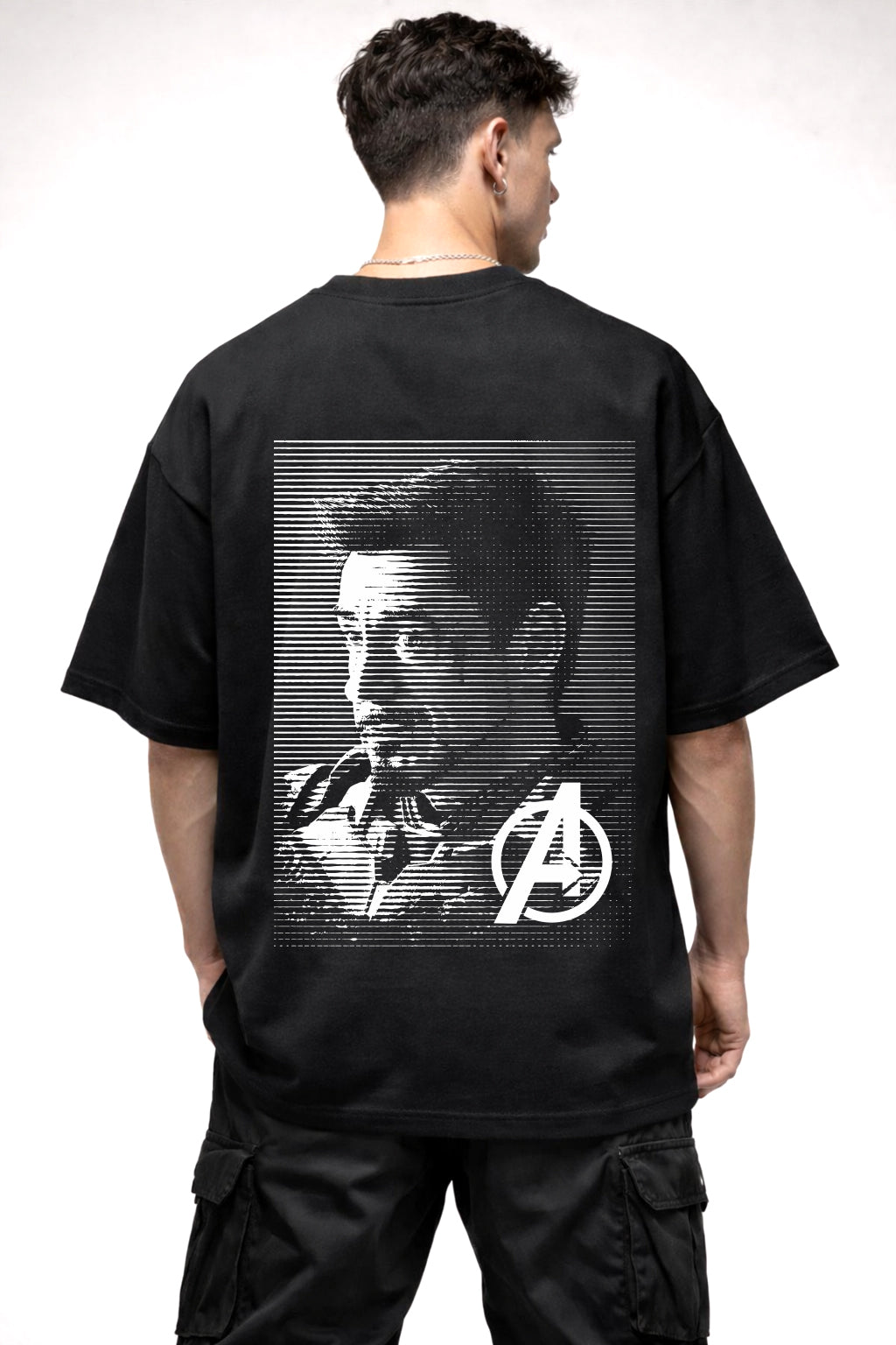 THE IRON MAN BLACK AND WHITE IMAGE | BLACK OVERSIZED FIT TEE