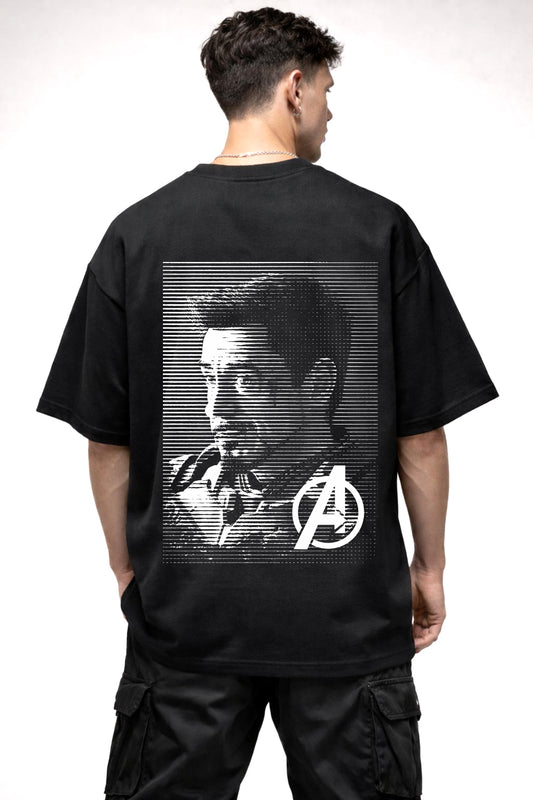 THE IRON MAN BLACK AND WHITE IMAGE | BLACK OVERSIZED FIT TEE