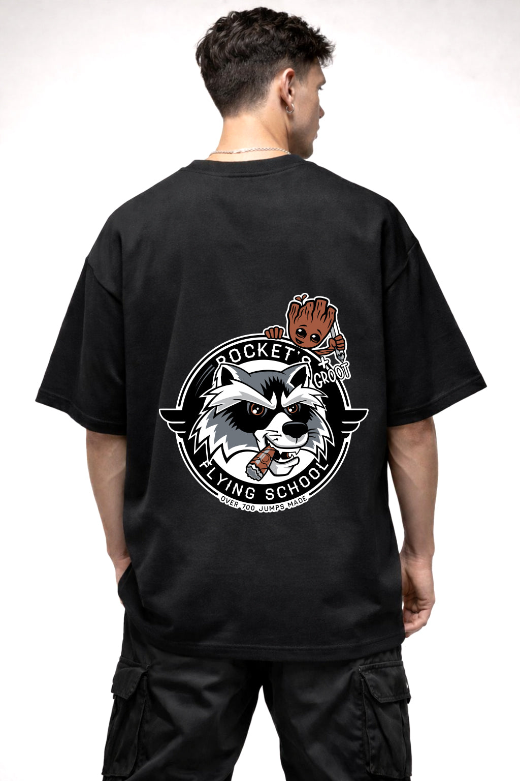 ROCKET AND GROOT GRAPHIC GRAPHIC | BLACK OVERSIZED FIT TEE
