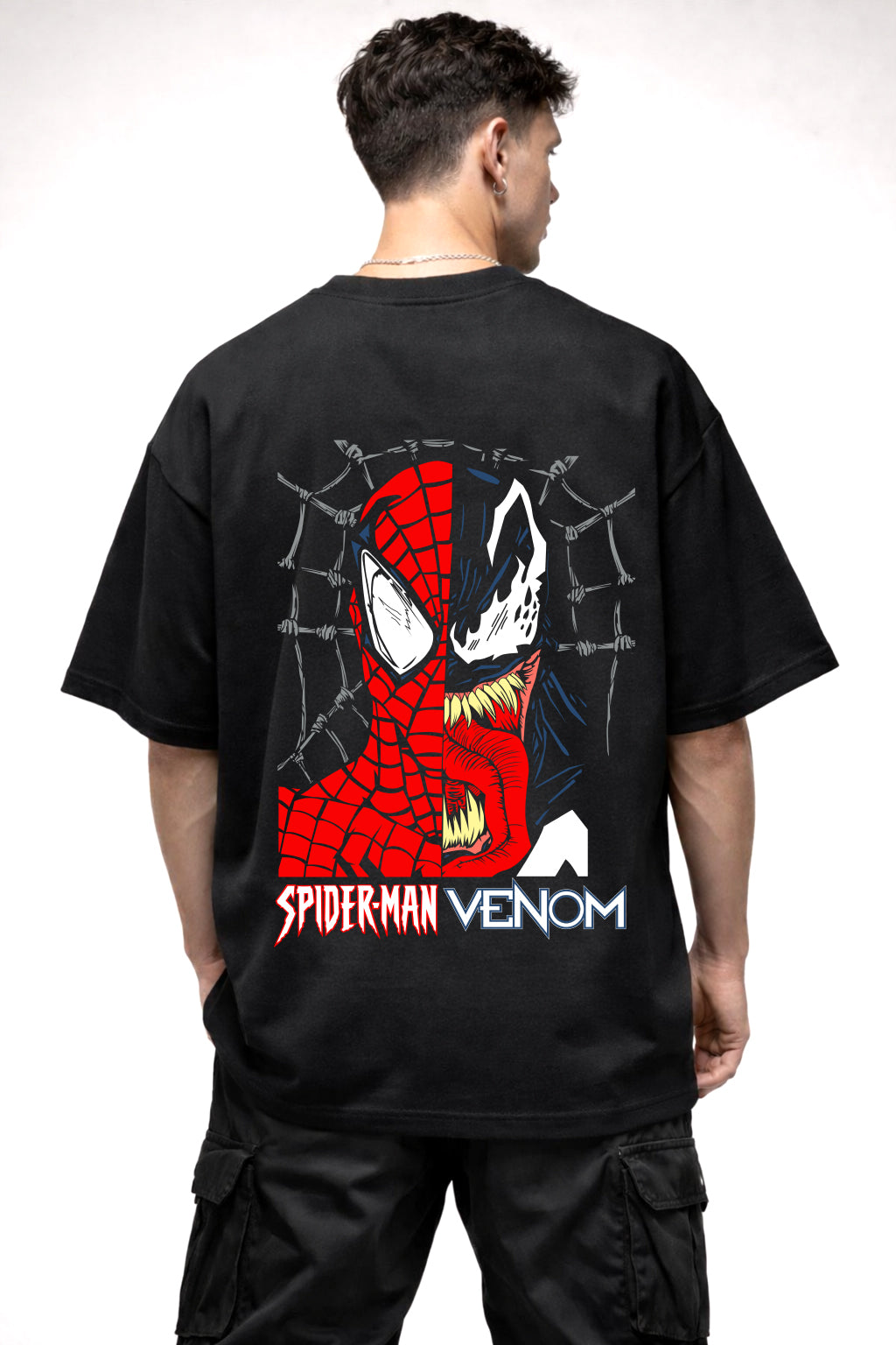 SPIDRE AND VENOM HALF FACE GRAPHIC | BLACK OVERSIZED FIT TEE