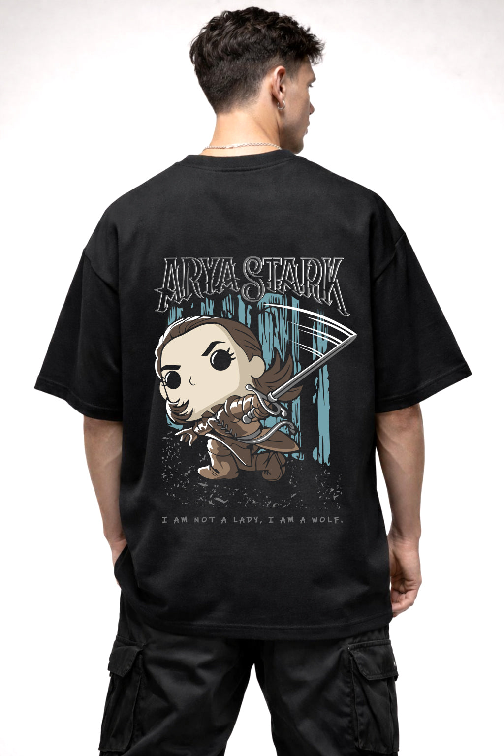 ARYA STARK CARTOON GRAPHIC | BLACK OVERSIZED FIT TEE