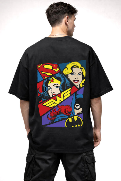 SUPERGIRL AND BATGIRL GRAPHIC | BLACK OVERSIZED FIT TEE