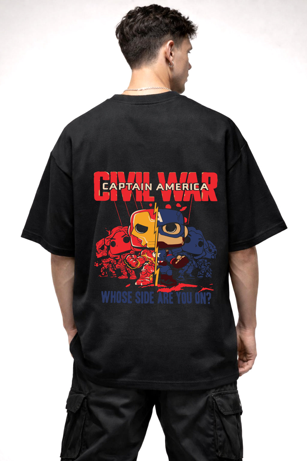 IRONMAN VS CAPTAIN AMERIA CARTOON GRAPHIC | BLACK OVERSIZED FIT TEE