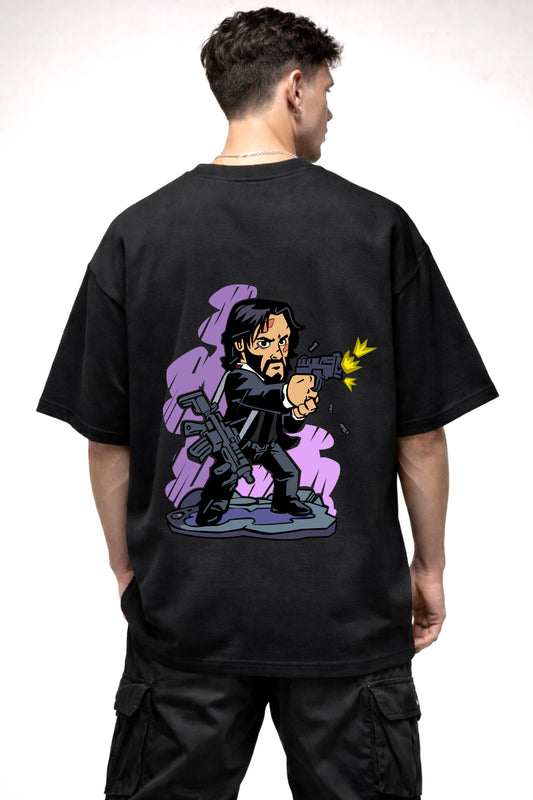 JOHN WICK CARTOON GRAPHIC | BLACK OVERSIZED FIT TEE