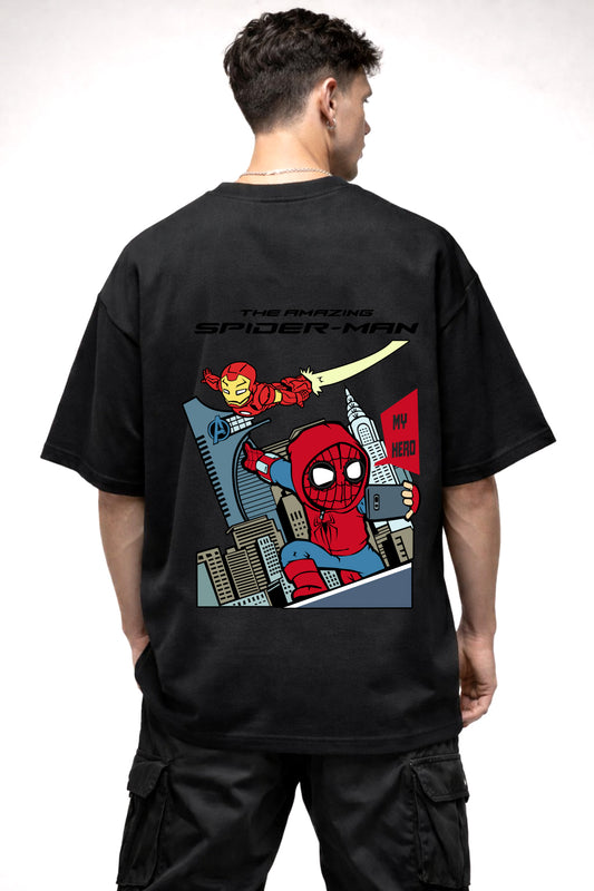 IRONMAN AND SPIDERMAN CARTOON GRAPHIC | BLACK OVERSIZED FIT TEE