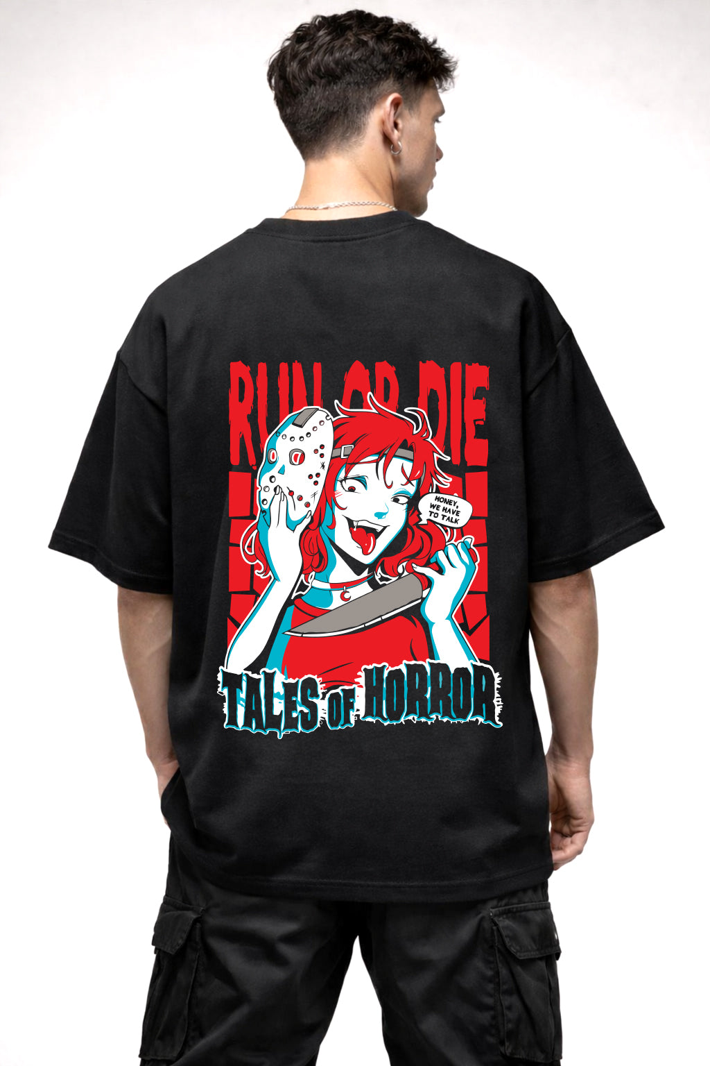 TALES OF HORROR CARTOON GRAPHIC | BLACK OVERSIZED FIT TEE