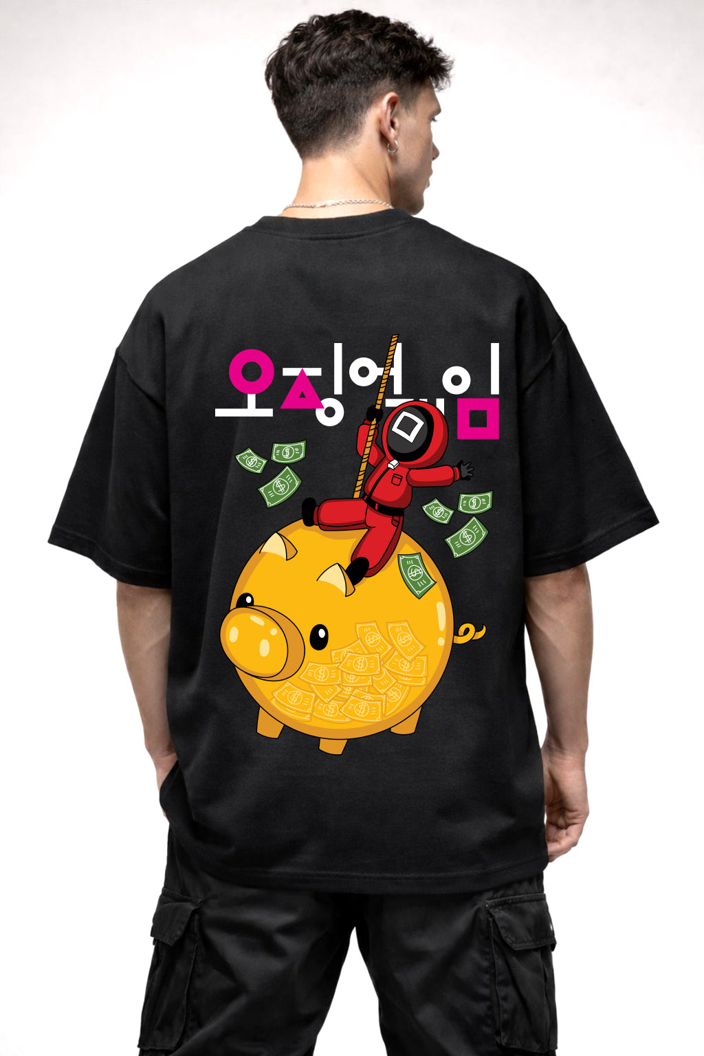 SQUID GAME DOLLER PIG CARTOON GRAPHIC | BLACK OVERSIZED FIT TEE