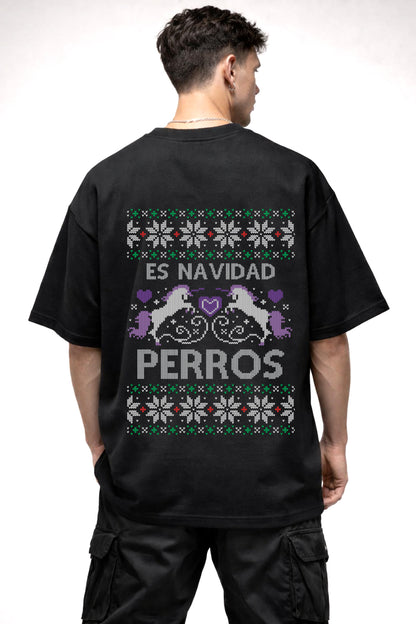 ES NAVIDAD PERROS GAPHIC | BLACK OVERSIZED FIT TEE
