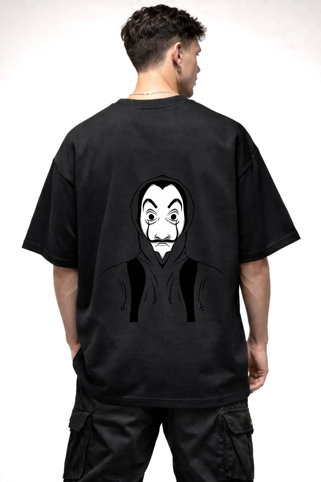 MONEY HEIST BLACK AND WHITE MASK GAPHIC | BLACK OVERSIZED FIT TEE