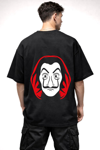 MONEY HEIST RED AND WHITE MASK GAPHIC | BLACK OVERSIZED FIT TEE