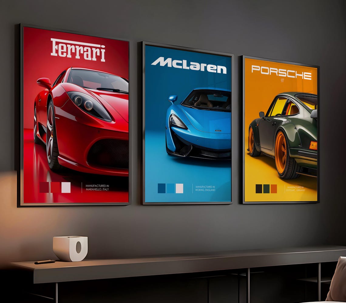 FERRARI MCLAREN PORSCHE CAR 3 SET WALL ART | MINIMAL AUTOMOTIVE POSTER | MODERN LUXURY HOME DECOR GIFT CAR