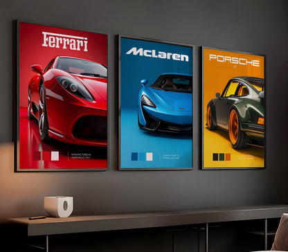 FERRARI MCLAREN PORSCHE CAR 3 SET WALL ART | MINIMAL AUTOMOTIVE POSTER | MODERN LUXURY HOME DECOR GIFT CAR