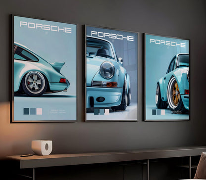 PORSCHE CAR SKY BLUE 3 SET WALL ART | MINIMAL AUTOMOTIVE POSTER | MODERN LUXURY HOME DECOR GIFT CAR