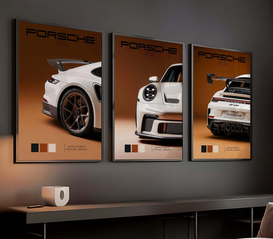 PORSCHE 911 GERMAN SPORTS CAR WHITE 3 SET WALL ART | MINIMAL AUTOMOTIVE POSTER | MODERN LUXURY HOME DECOR GIFT CAR