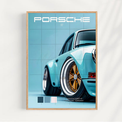 PORSCHE CAR SKY BLUE 3 SET WALL ART | MINIMAL AUTOMOTIVE POSTER | MODERN LUXURY HOME DECOR GIFT CAR