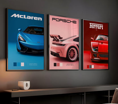 MCLAREN PORSCHE FERRARI CAR 3 SET WALL ART | MINIMAL AUTOMOTIVE POSTER | MODERN LUXURY HOME DECOR GIFT CAR