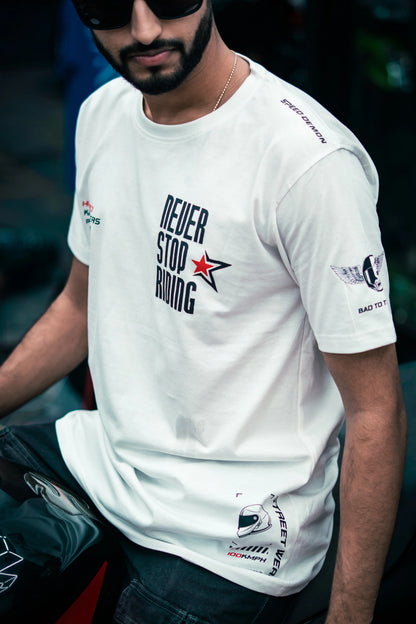 NEVER STOP RIDING - ROUND NECK T-SHIRT - WHITE