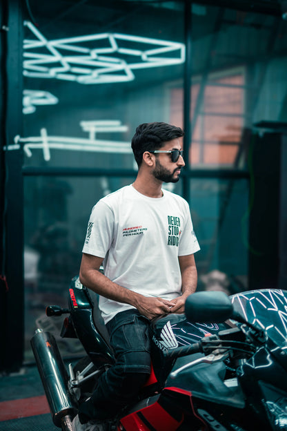 NEVER STOP RIDING - ROUND NECK T-SHIRT - WHITE